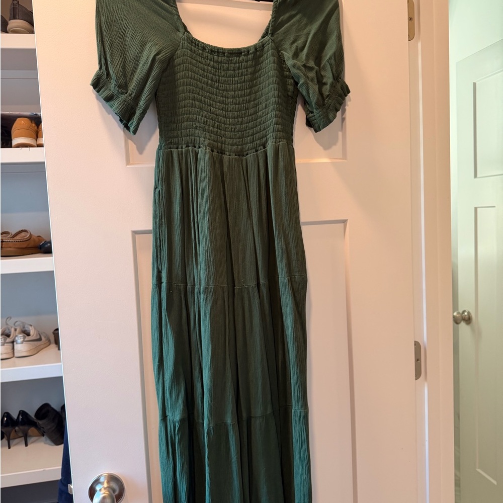 Green Smocked Midi Dress Puff Sleeve Cottagecore Dress | Size s